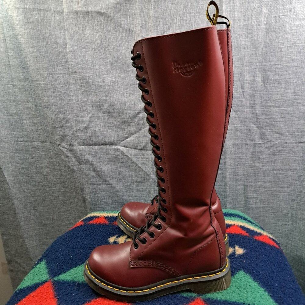 %Size 5 Dr. Martens Boots Smooth Leather Knee 20-Eye Cherry Red Rouge / D9